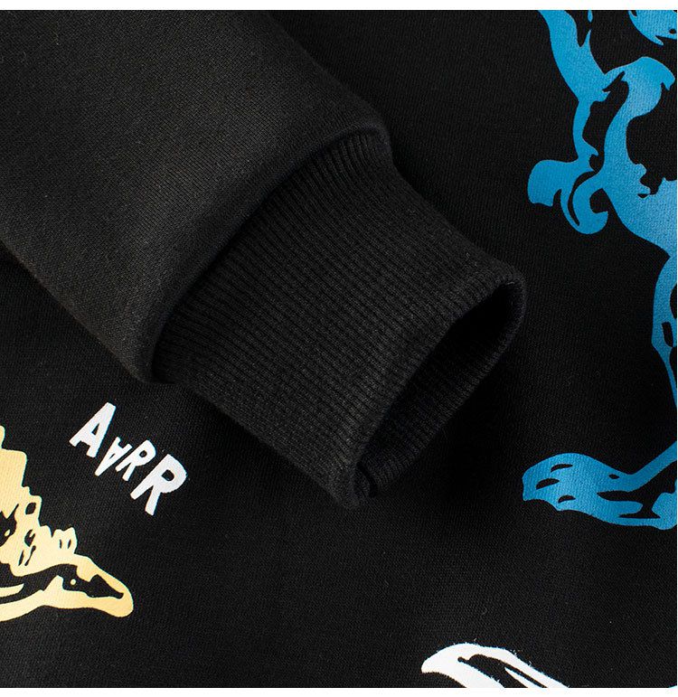 加絨棉質圓領長袖上衣/大學T-恐龍-黑色