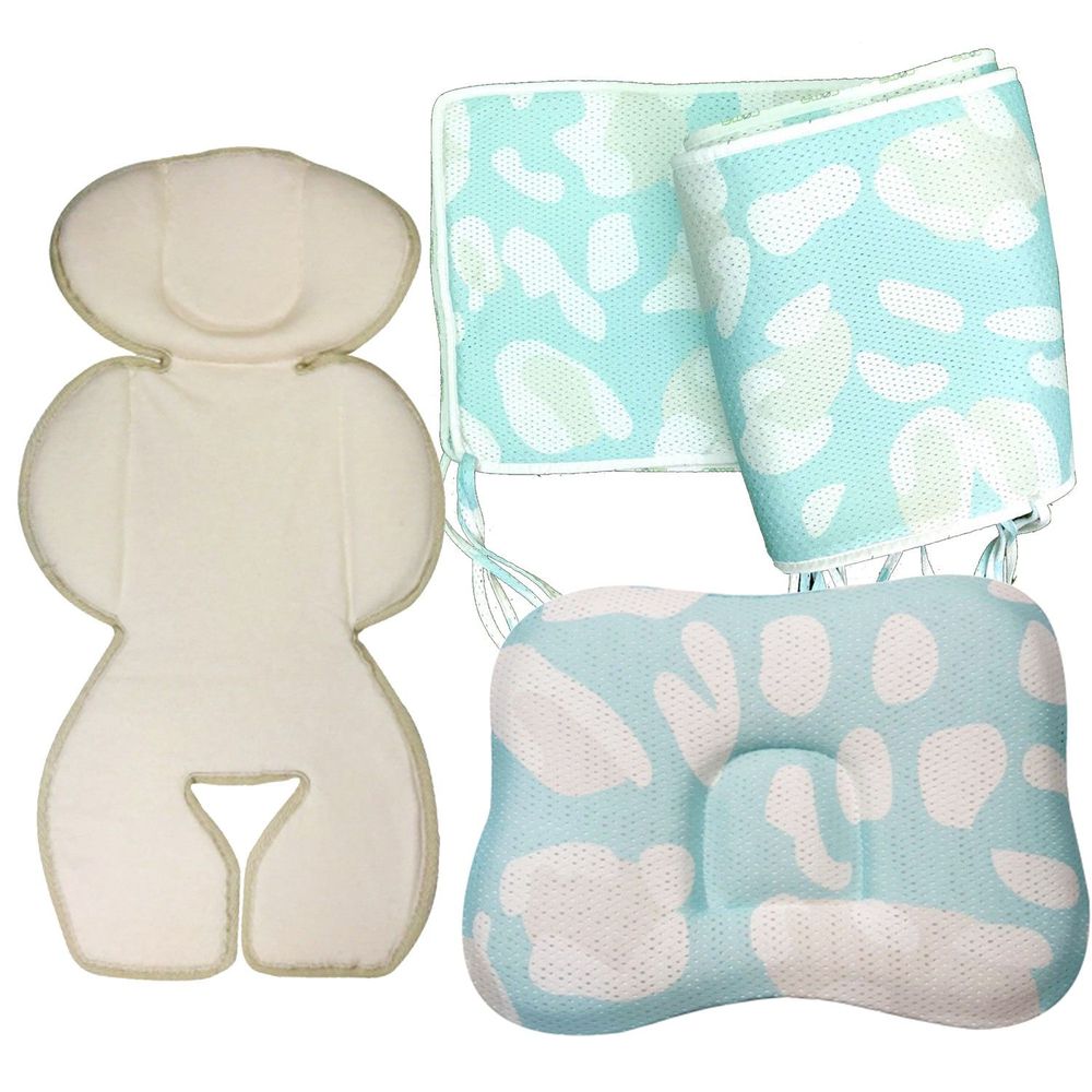 COMFi - 透氣嬰兒定型枕+透氣床圍+冬暖夏涼四季透氣車墊-( 0~18個月)-薄荷綠+薄荷綠+白/有機棉款