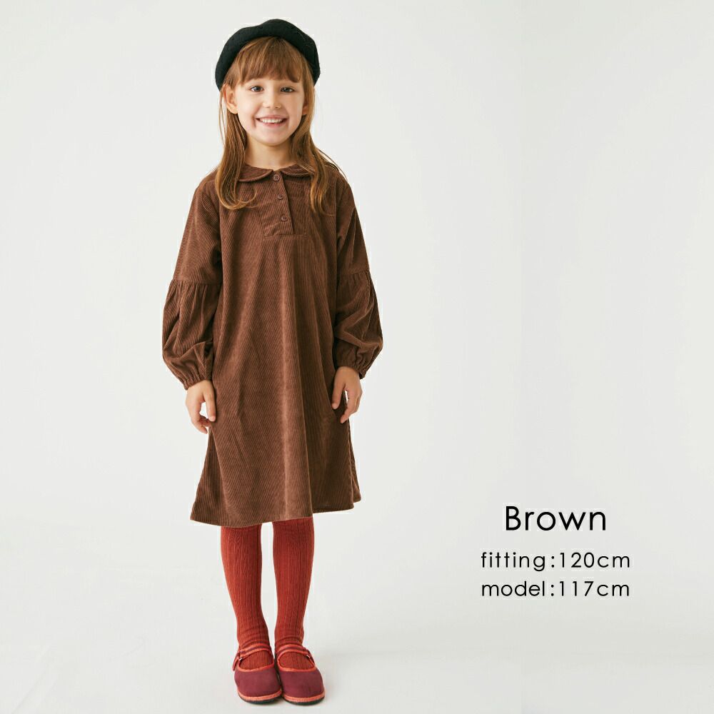 日本 evercloset - 甜美圓領燈芯絨澎澎長袖洋裝-炭灰