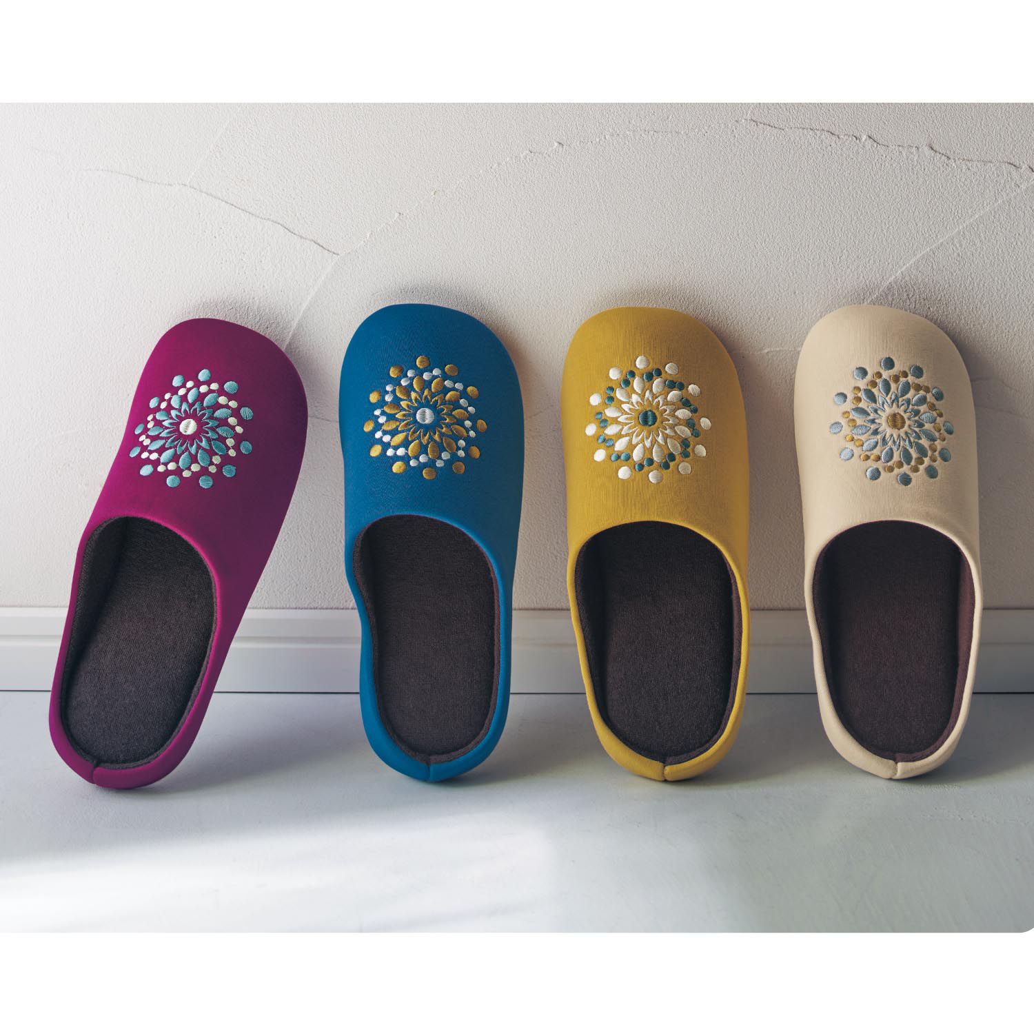 日本千趣會 - 北歐風 刺繡麵包室內拖鞋-煙火-芥末黃