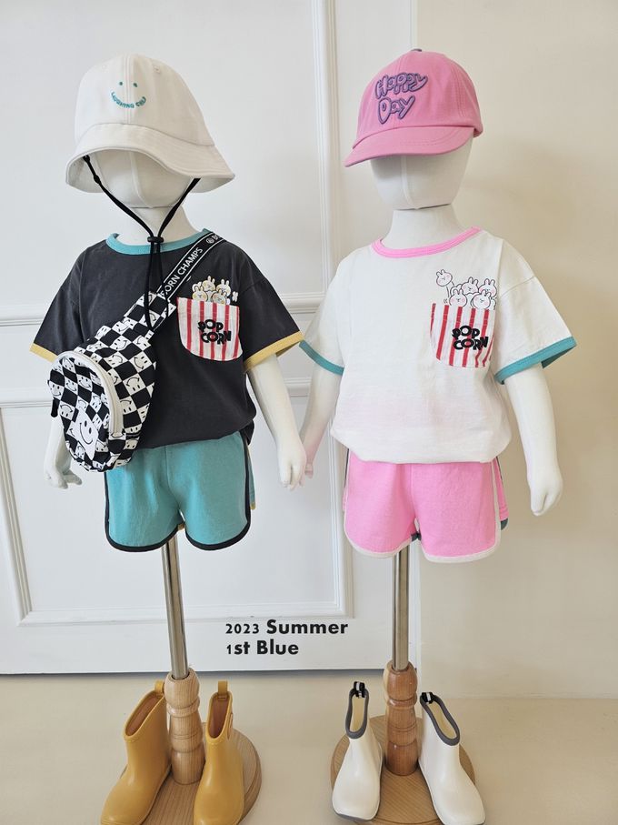 韓國 First Blue - 鬆緊腰線條運動風短褲-藍綠