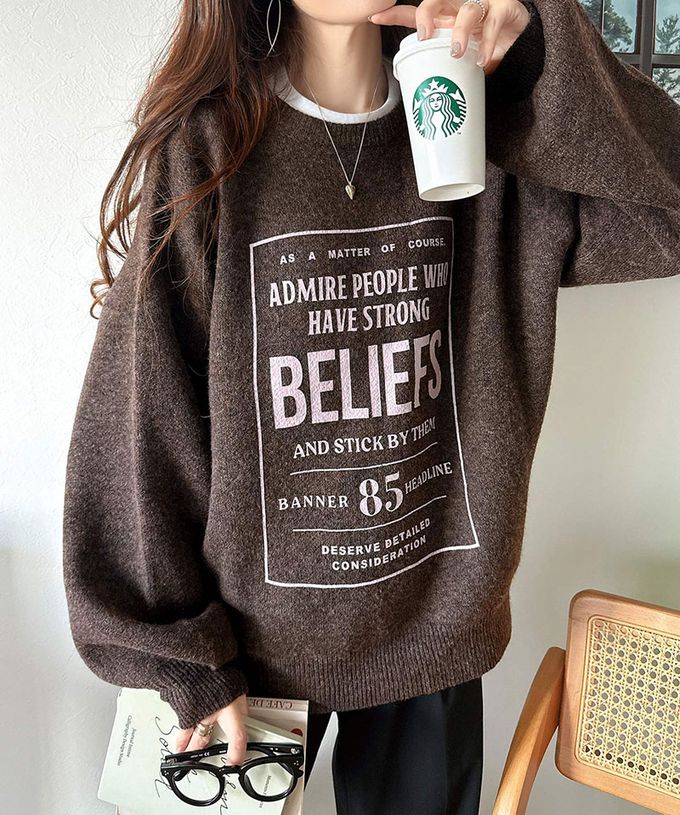 日本 Classical Elf - 前後2way 搶眼標誌印花針織上衣-煙燻藍