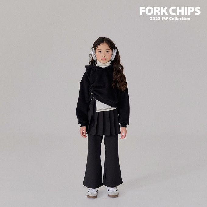 韓國 FORK CHIPS - 鬆緊腰裝飾百褶裙微喇叭長褲-黑