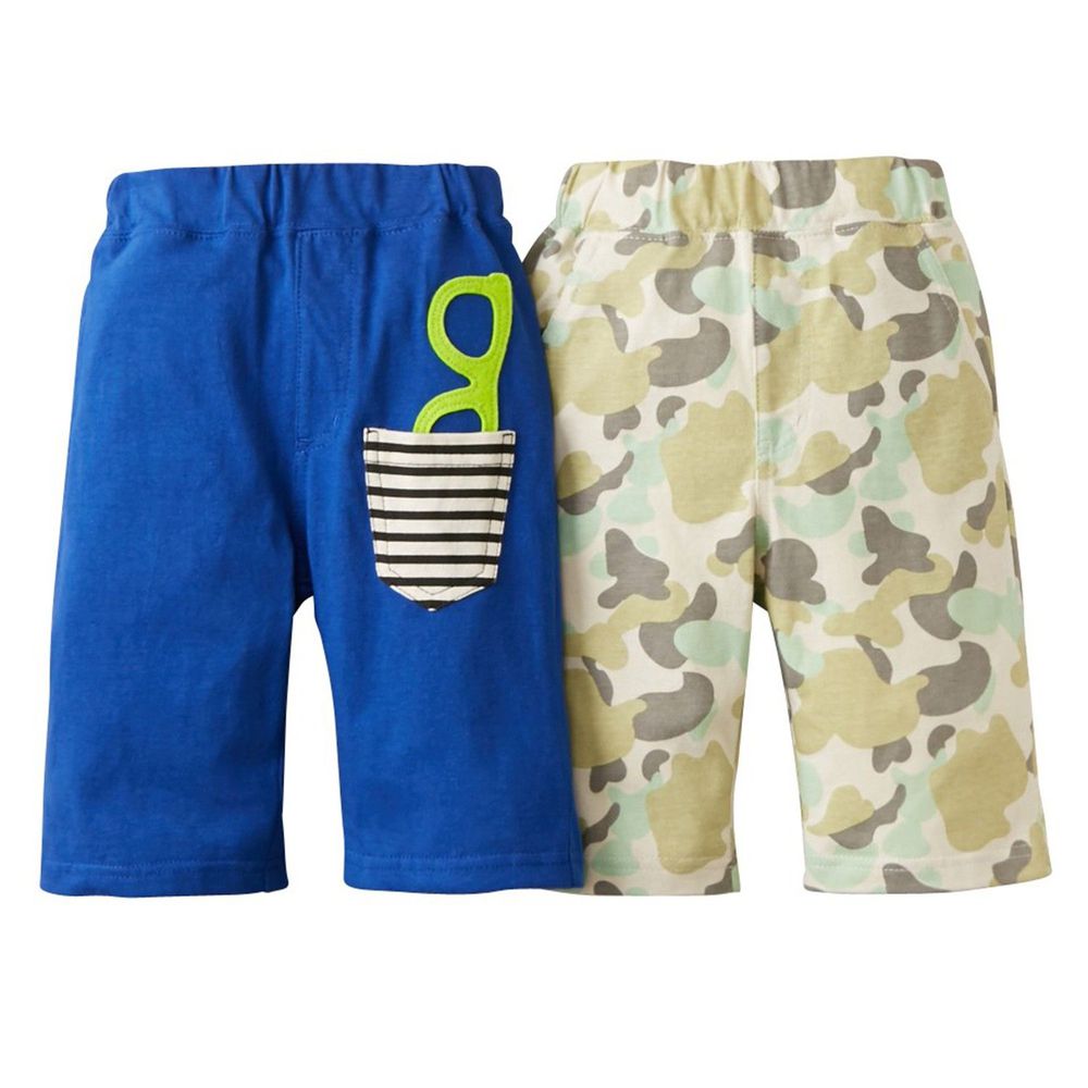 日本 Nissen - 兒童夏日接觸涼感寬褲兩件組-藍色＋綠迷彩