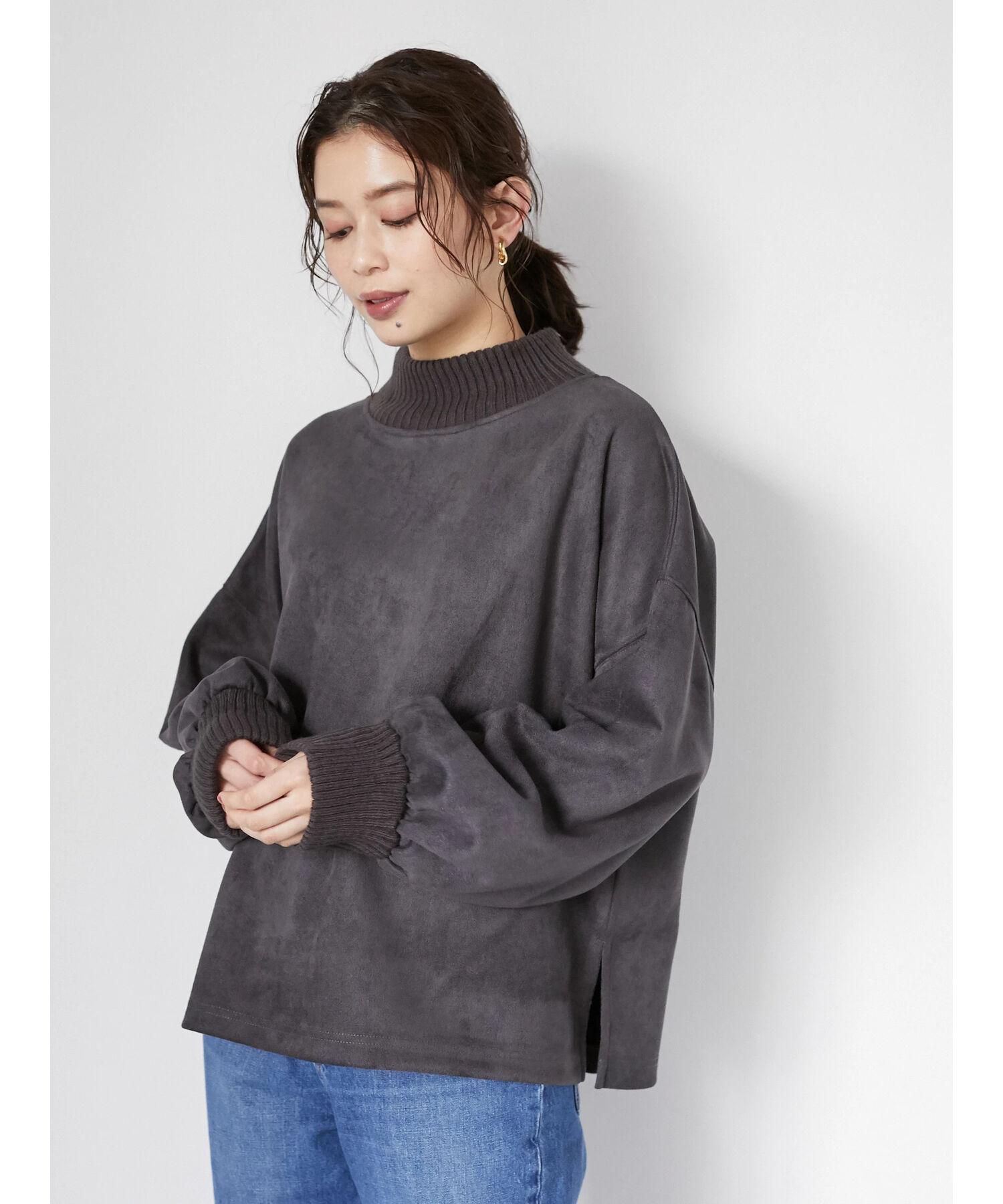 日本 ELENCARE DUE - 羅紋針織X麂皮拼接立領大學T-黑