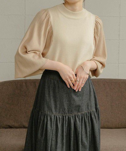 日本 Bou Jeloud - 細針織拼接泡泡袖上衣-淺卡其