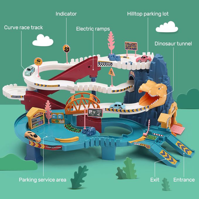 CuteStone - 交通世界 恐龍公園電動軌道 極速彎道組 (附小汽車)