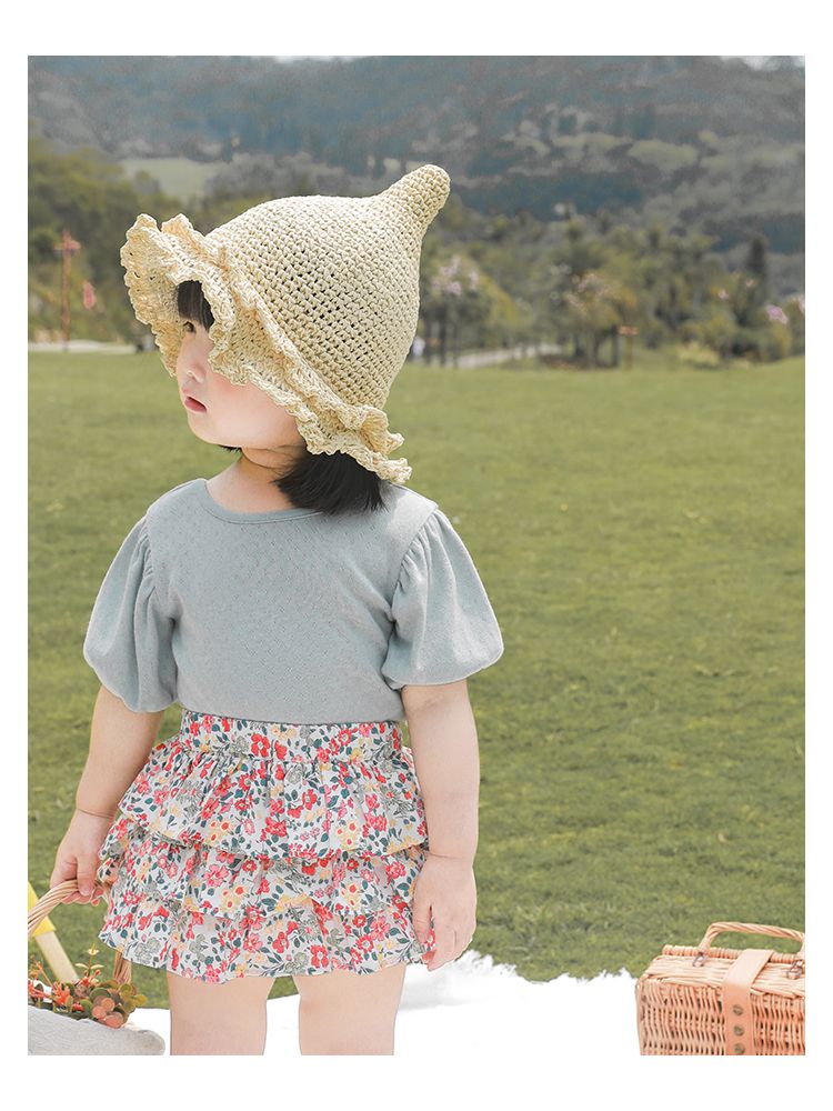 鳥眼簍空泡泡袖上衣-黃色