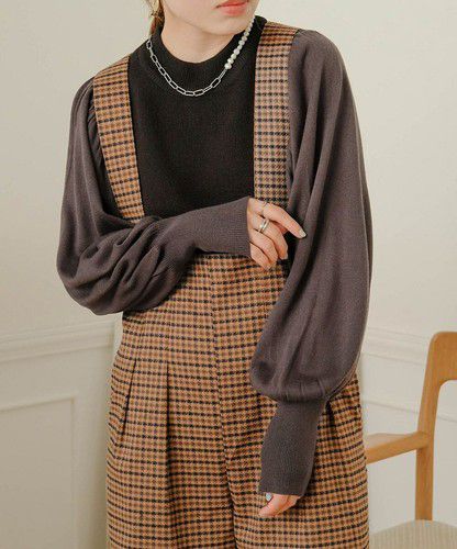 日本 Bou Jeloud - 細針織拼接泡泡袖上衣-淺卡其