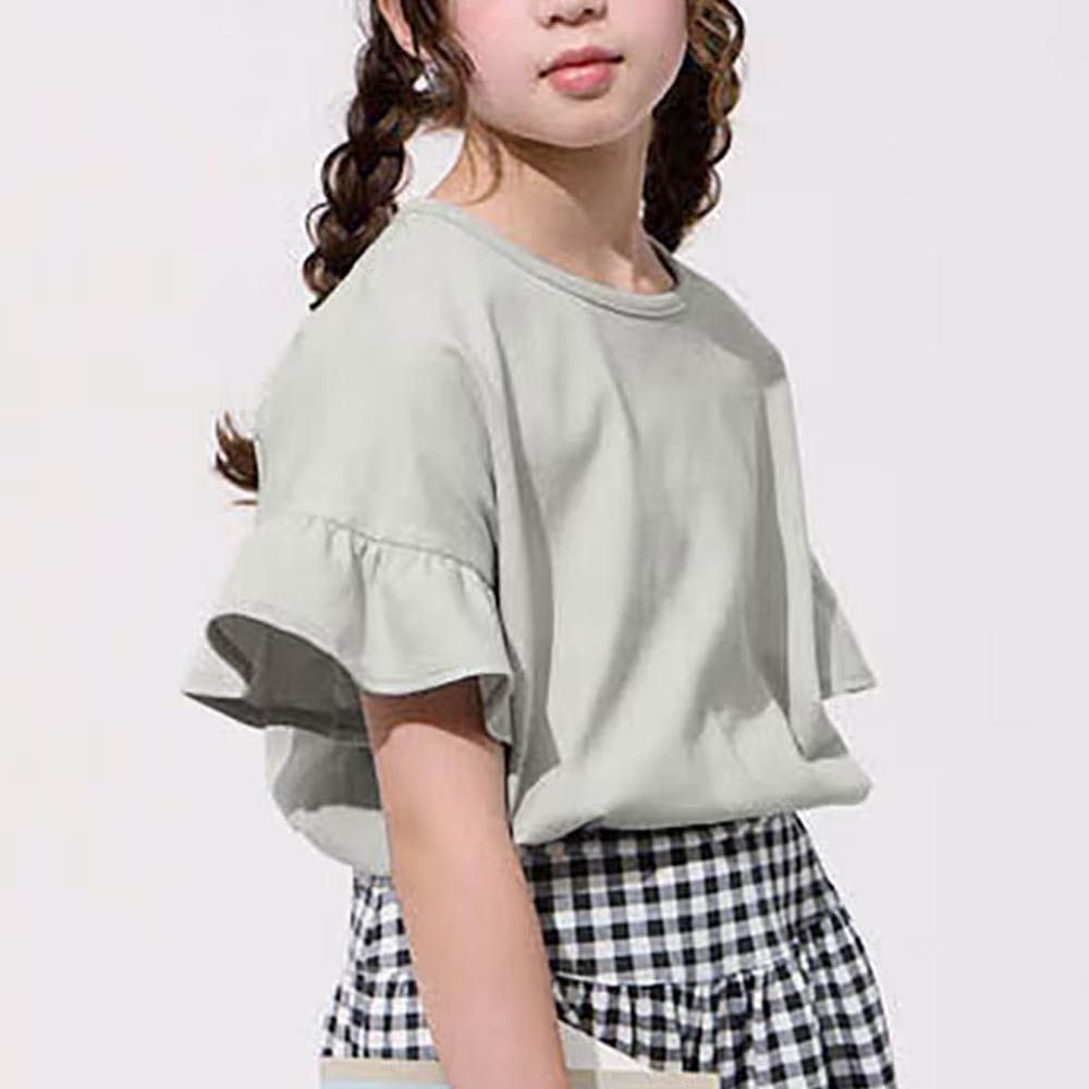 飄逸荷葉邊圓領短袖上衣-淺灰