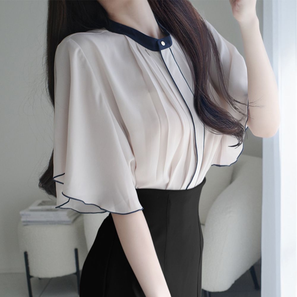 甜美皺摺雪紡五分袖襯衫-淺卡其 (F)