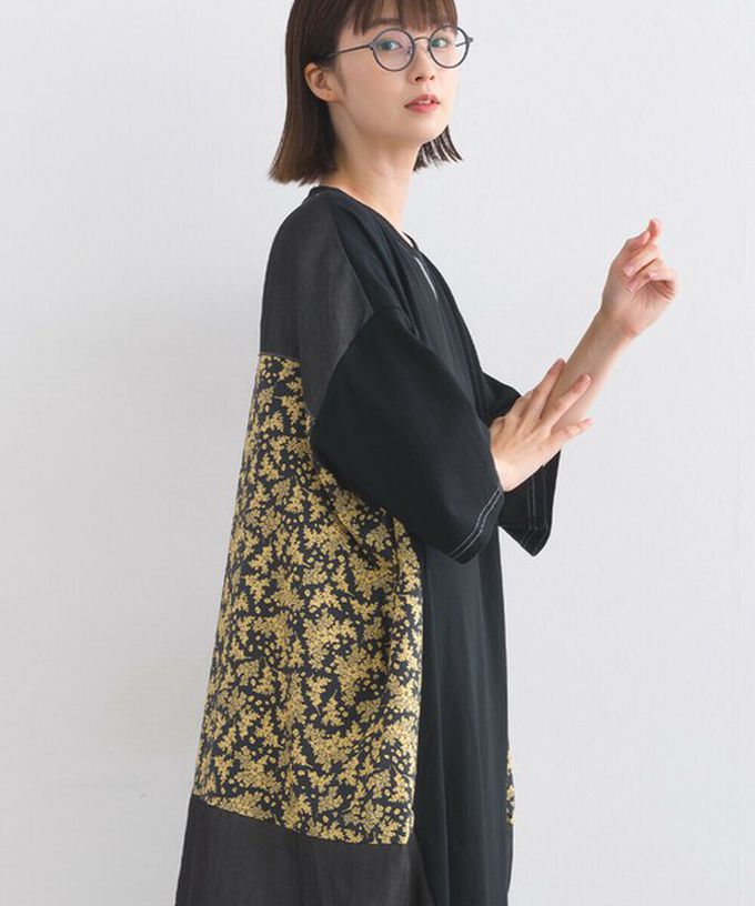 日本 Lupilien - 異素材花朵拼布清新五分袖洋裝-黑