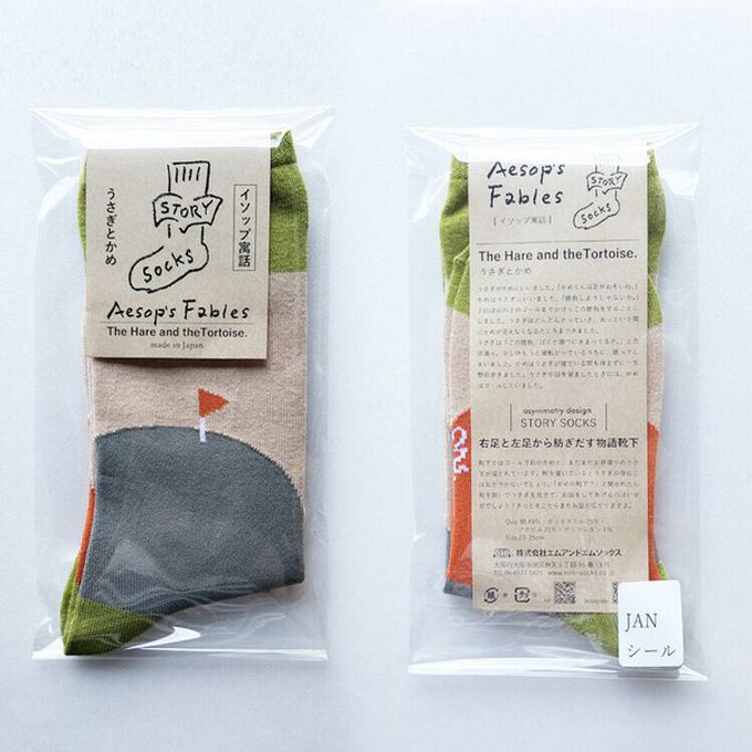 日本女裝代購 - 日本製 伊索寓言印花長襪-龜兔賽跑-灰藍 (23-25cm)