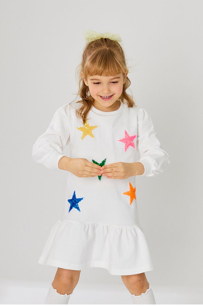 韓國 OZKIZ - 閃耀亮片星星長袖連身洋裝-白