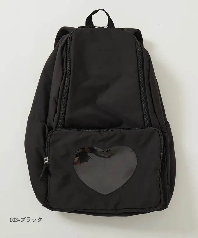 日本 devirock - 心型透明窗(娃包口袋)輕巧大容量後背包-附鏡子-冰藍