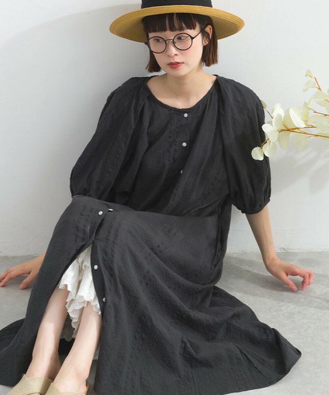 日本 Lupilien - 前後2way 印度棉泡泡袖輕盈洋裝-淺軍綠