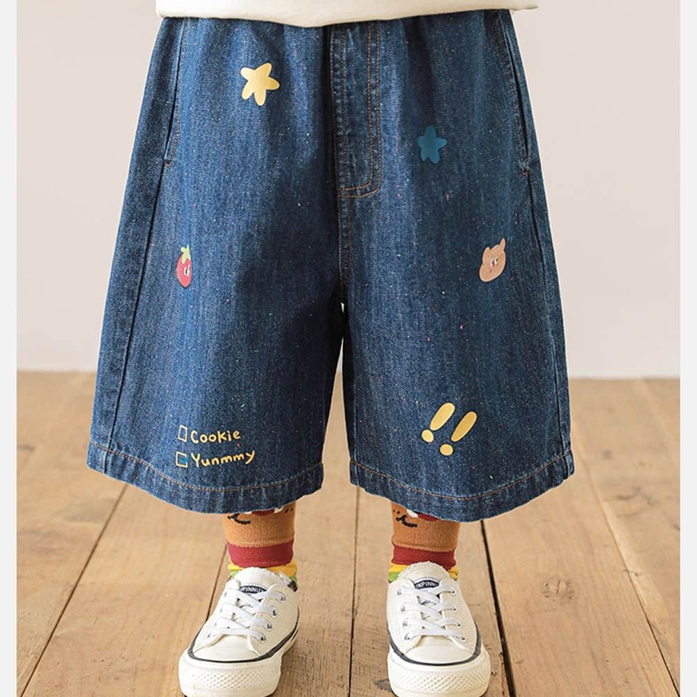 腰鬆緊牛仔七分褲-小熊印花-藍色