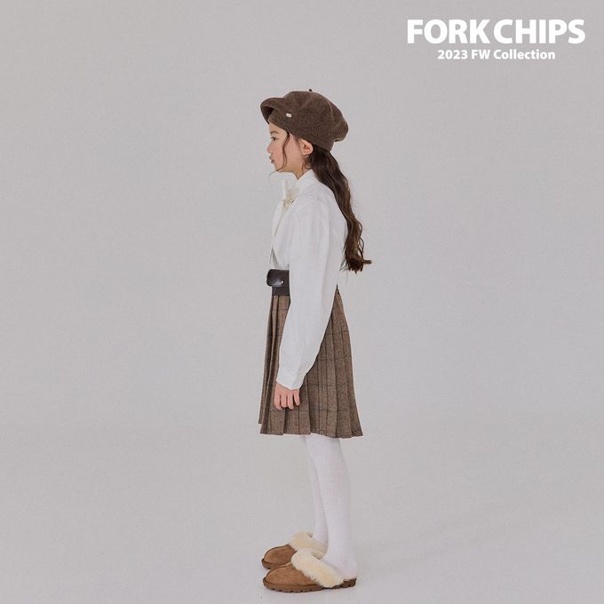 韓國 FORK CHIPS - 鬆緊腰混羊毛經典百褶及膝裙-咖啡棕