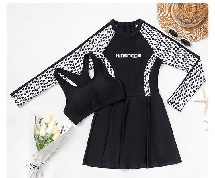 大童女孩運動風長袖連身裙泳衣-滿版星星袖-黑色