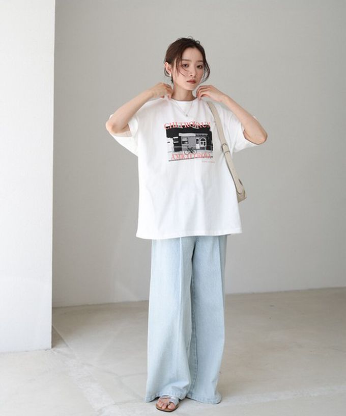 日本 Bab - 100%棉 極簡照片印花五分袖上衣-白底粉紅字 (M)