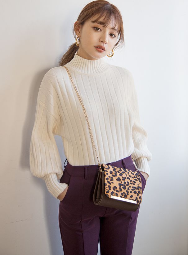 日本 GRL - 坑條紋澎袖小高領針織毛衣-灰粉