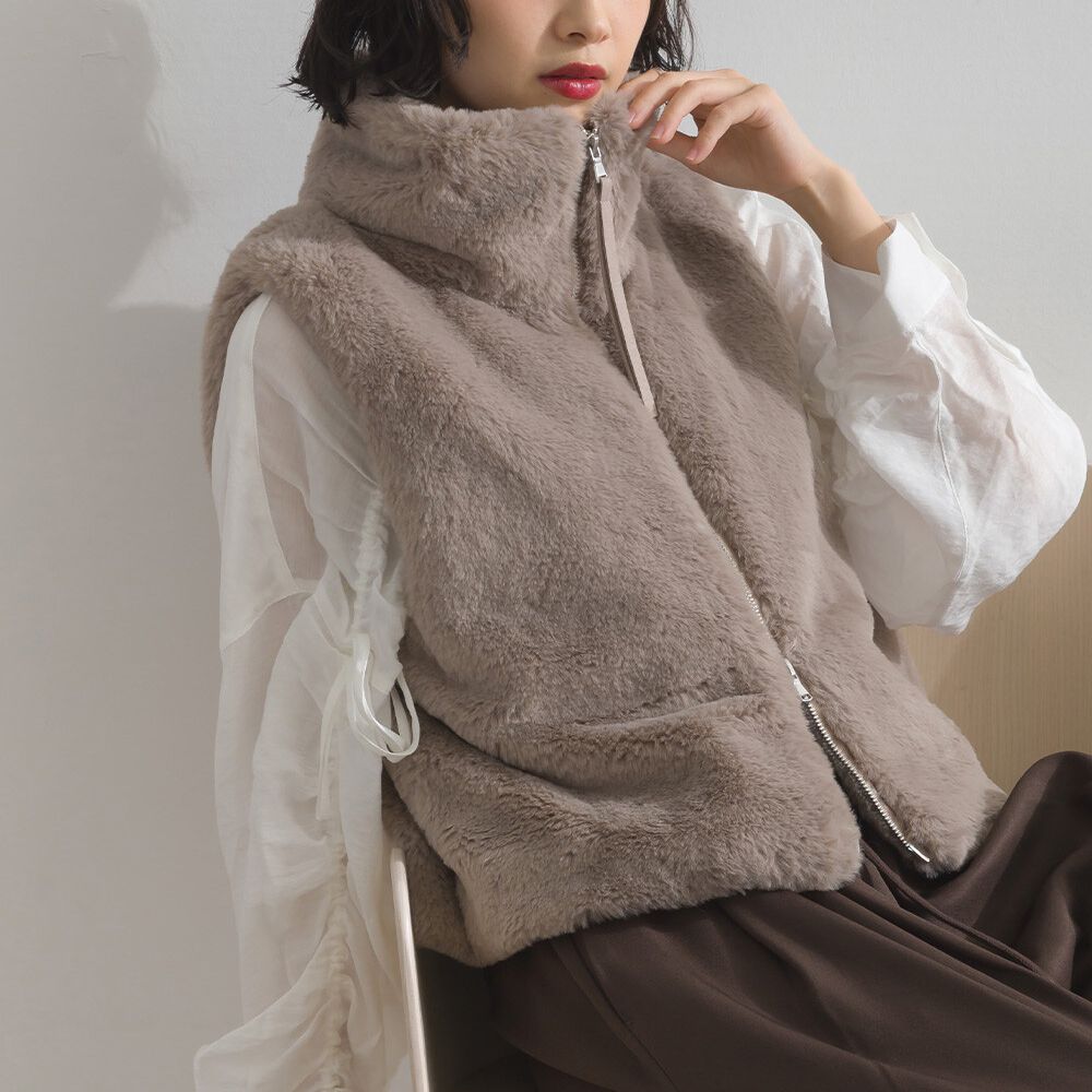 柔軟蓬鬆仿毛立領雙拉鍊背心-摩卡灰