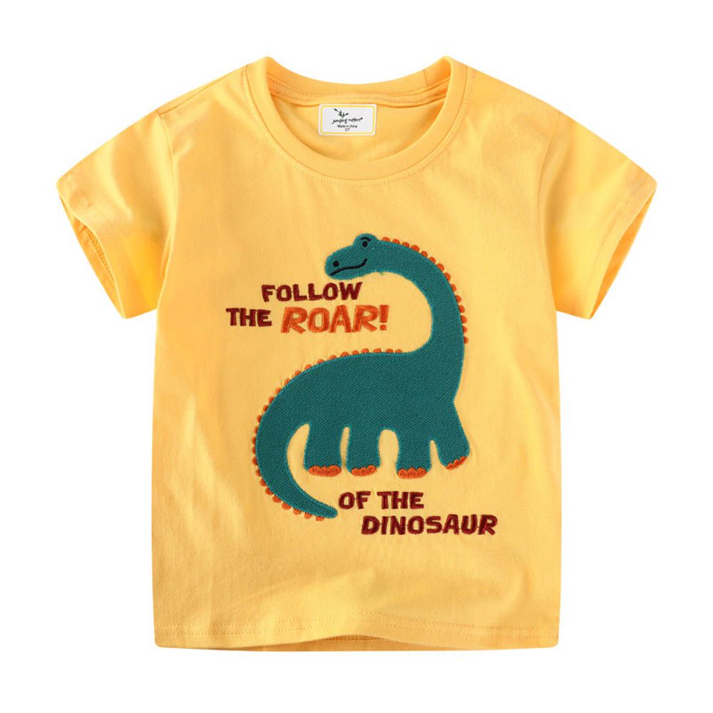 棉質圓領短袖上衣-溫和綠恐龍-黃色