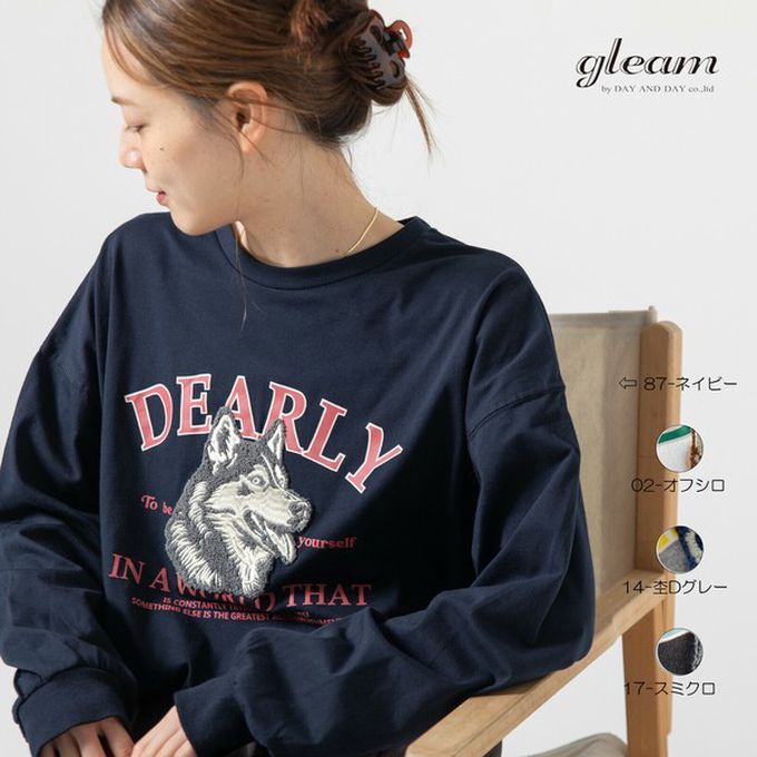 日本 gleam - 相良刺繡哈士奇印花帥氣長袖T恤-海軍藍