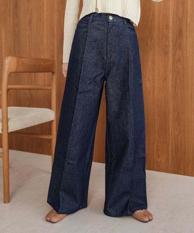 日本 Bab - 腳長效果 摺線丹寧印度棉寬褲-深灰