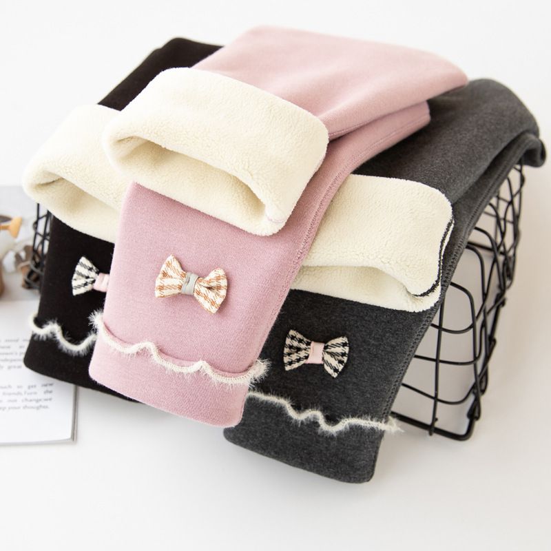 FANMOU - 加絨腰鬆緊兒童內搭褲-木耳邊蝴蝶結-深灰色