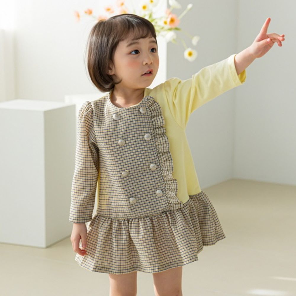 韓國 Orange Mom - 單邊荷葉雙排釦洋裝-鵝黃