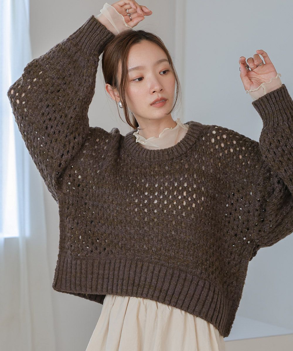 日本 Bab - 混羊毛設計感網格針織上衣-摩卡