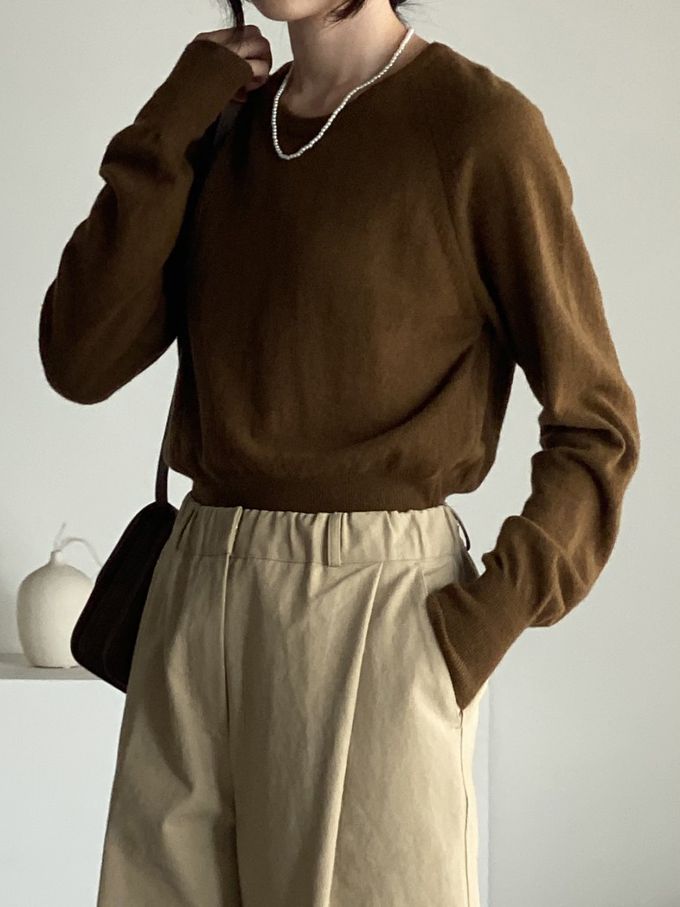 韓國女裝連線 - 喀什米爾混織針織上衣(不刺膚)-駝 (FREE)