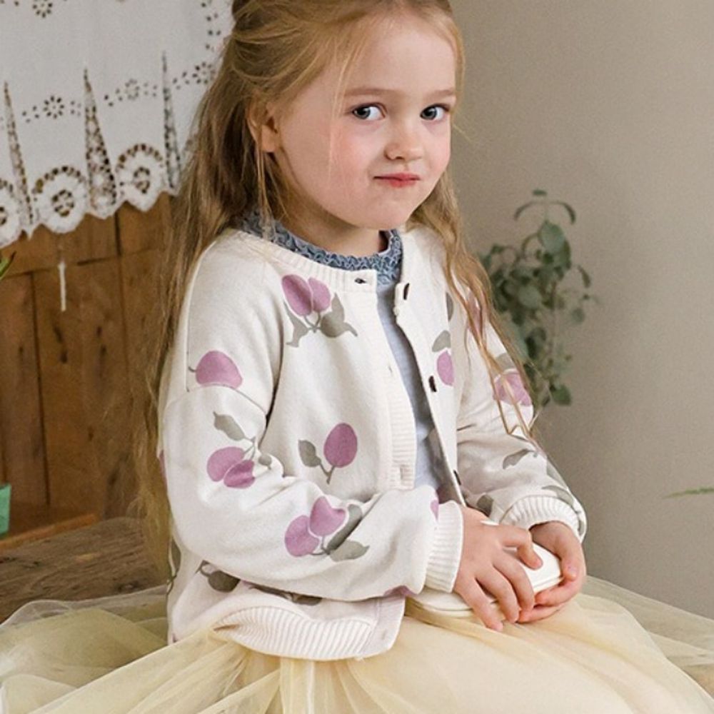 Puellaflo 滿版果實印花細膩針織無領外套-優格白