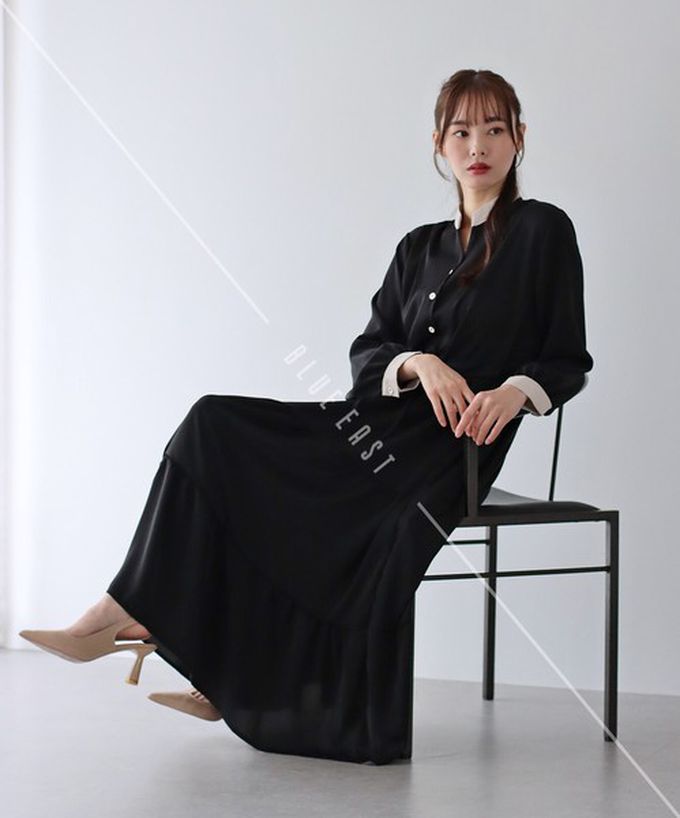 日本 BLUE EAST - [人氣款]簡約抽繩收腰長袖洋裝-撞色袖-黑 (一般長)