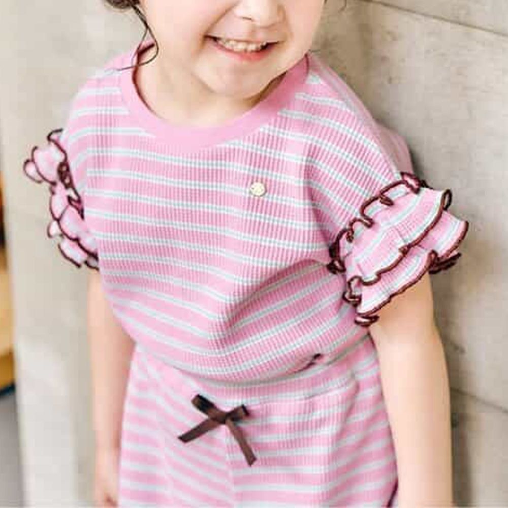 華夫格QQ荷葉短袖上衣-橫條紋-粉紅