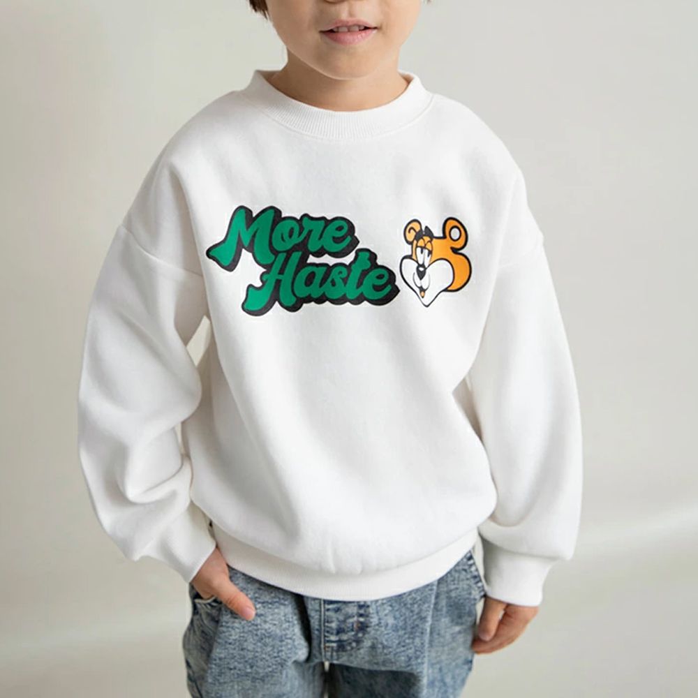 裏起毛 舒適縮口長袖上衣-小熊-白