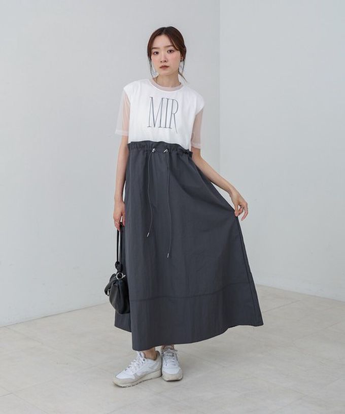 日本 Bab - 拼接層次感抽繩薄紗短袖洋裝-白x摩卡