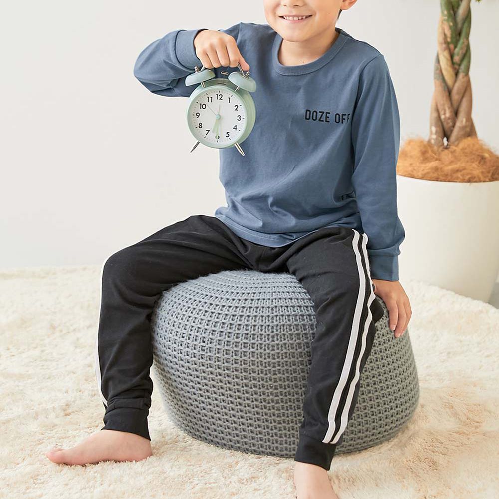 100%棉 高腰長袖家居服套裝-英文條紋-藍x黑