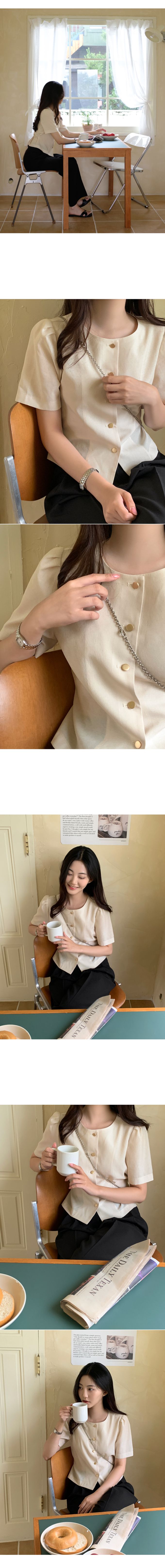 韓國 98doci - 氣質鈕扣公主抓褶袖襯衫-黑