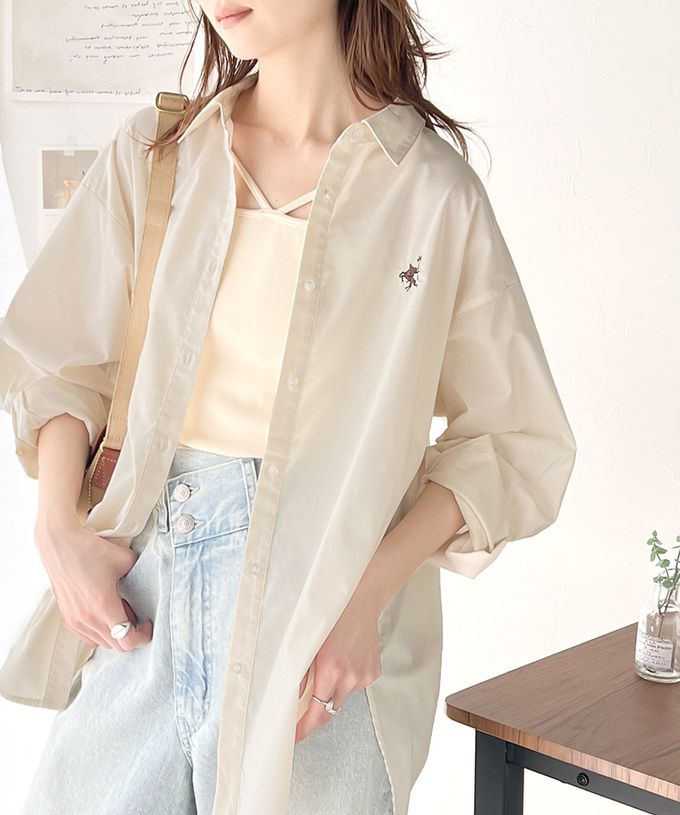 日本 Classical Elf - 前短後長知性寬版長袖襯衫-logo刺繡-藍白條紋