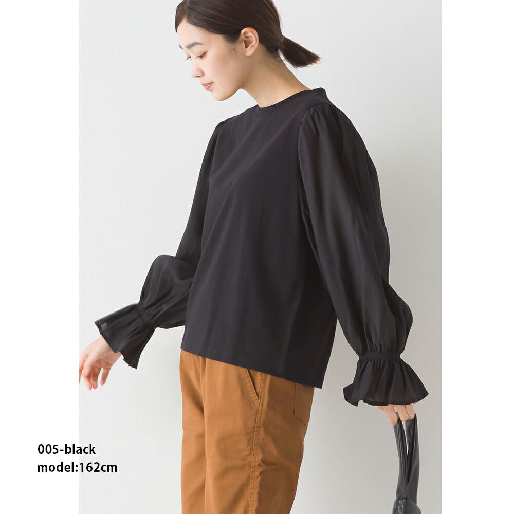 日本 OMNES - 圓領拼接光澤感糖果袖上衣-黑
