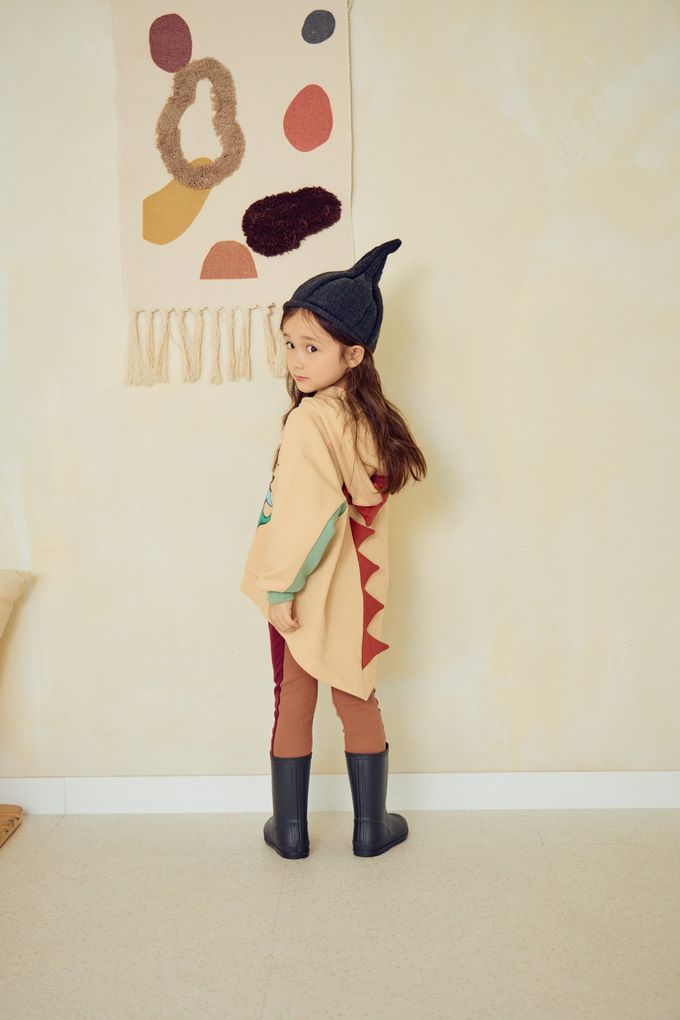 韓國 Mimico - 恐龍印角角造型連帽長袖上衣-卡其