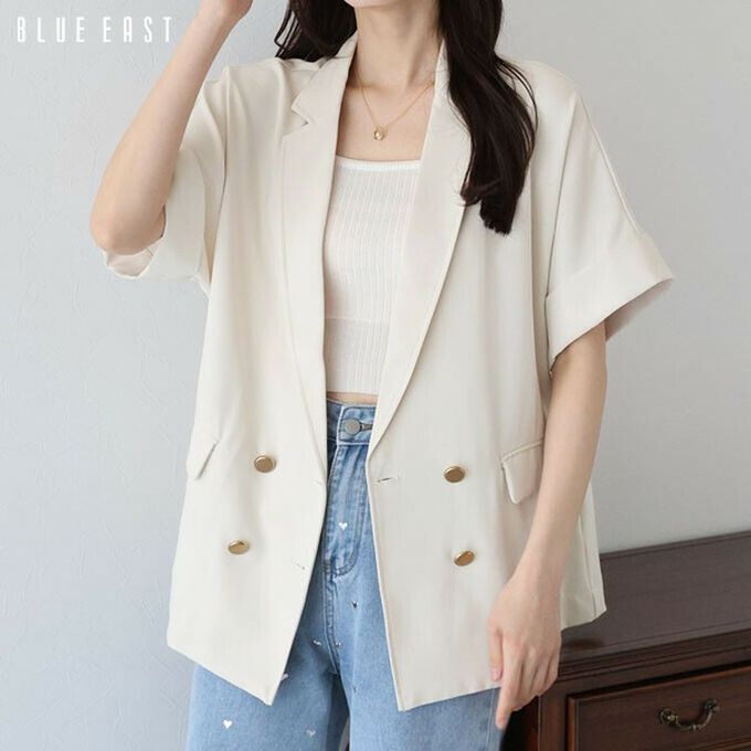 日本 BLUE EAST - 亞麻感氣質金釦短袖西裝外套-象牙白