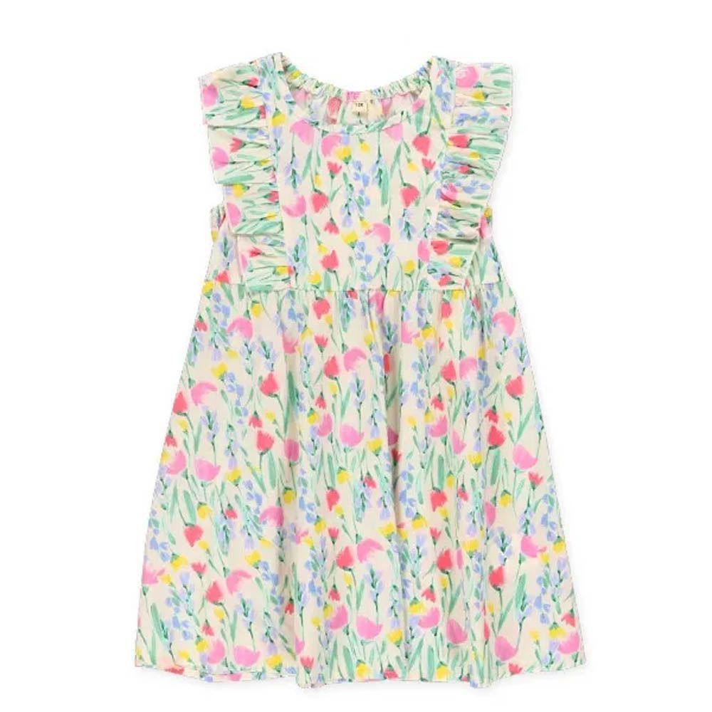 浪漫滿版花卉摺邊無袖洋裝-鬱金香-奶油白