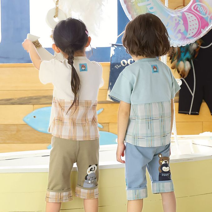 日本 ZOOLAND - 海洋印花短袖上衣-企鵝與棕熊-薄荷