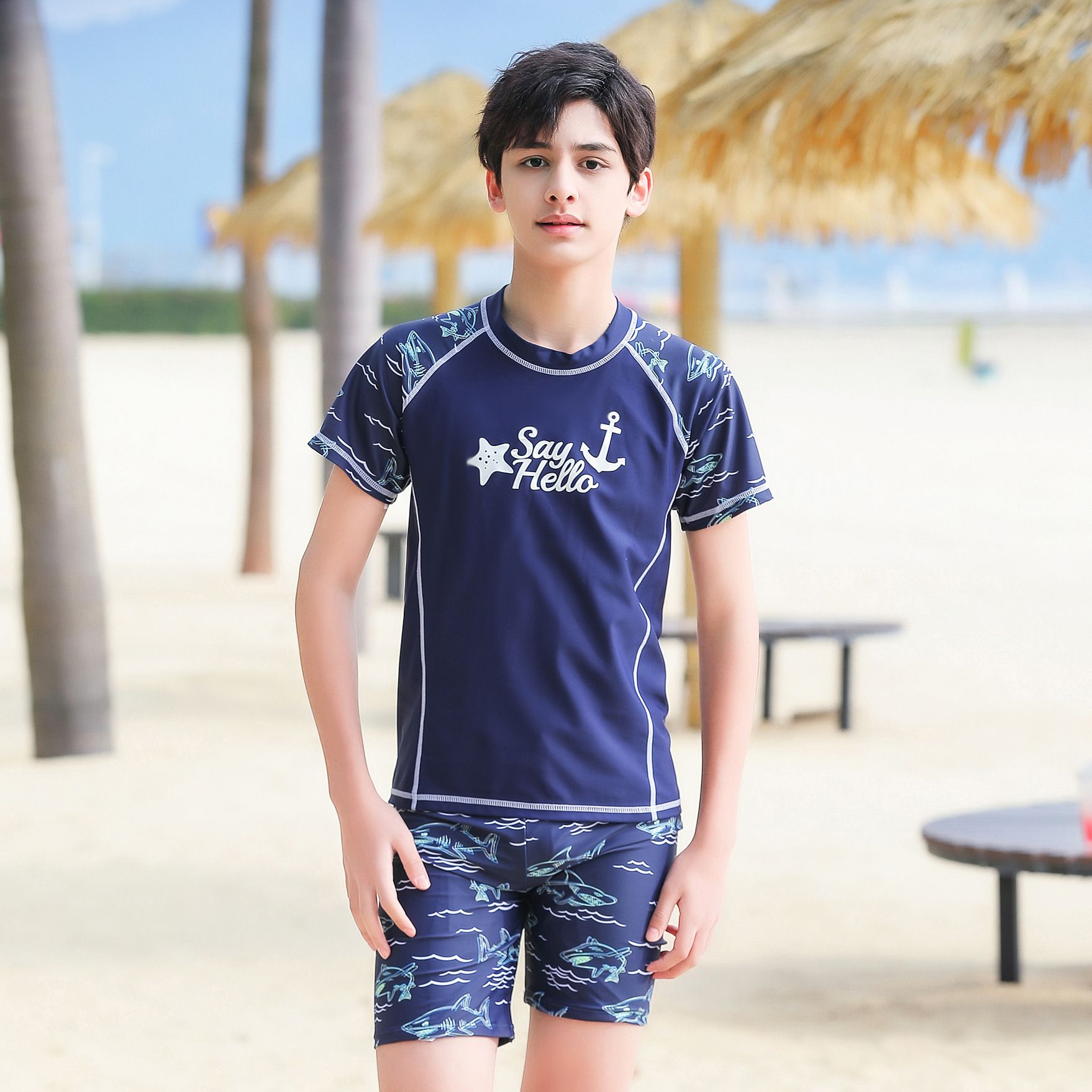 大童男孩短袖泳衣套裝(二件組)-星星船錨-淺藍色-泳衣、泳褲