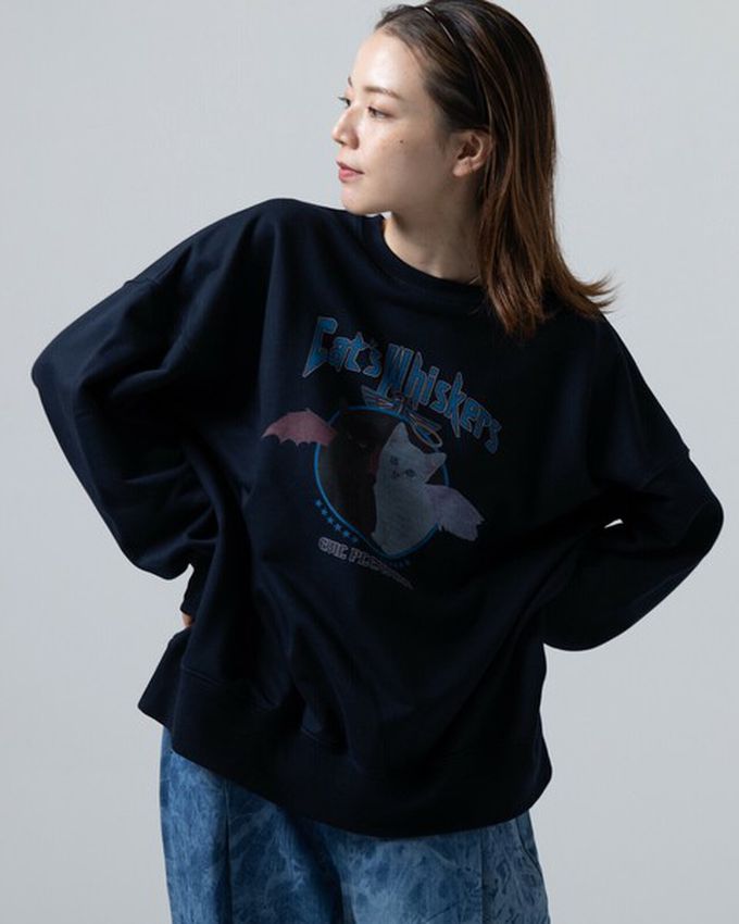 日本 gleam - 裏毛寬版天使惡魔貓咪印花大學T-白