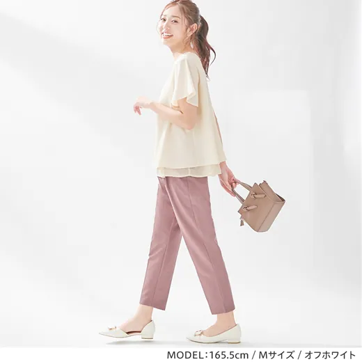 日本 BELLUNA - 雙層小V領雪紡短袖上衣-粉