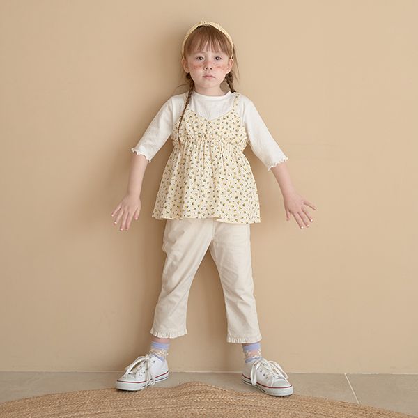 日本 Lycee mine - 假二件吊帶五分捲邊袖上衣-灰x藍花